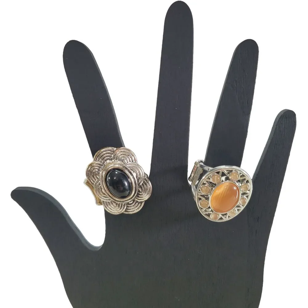 Bundle of 2 Stretch Rings Silver Tone Black Orange Bohemian Statement Big Bold
